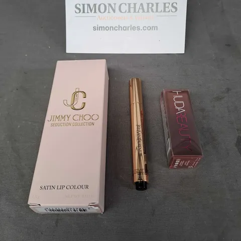 LOT OF 3 COSMETIC PRODUCTS TO INCLUDE - JIMMY CHOO SATIN LIP COLOUR, HUDA BEAUTY CREAM LIPSTICK AND YVESSAINTLAURENT RADIANT TOUCH