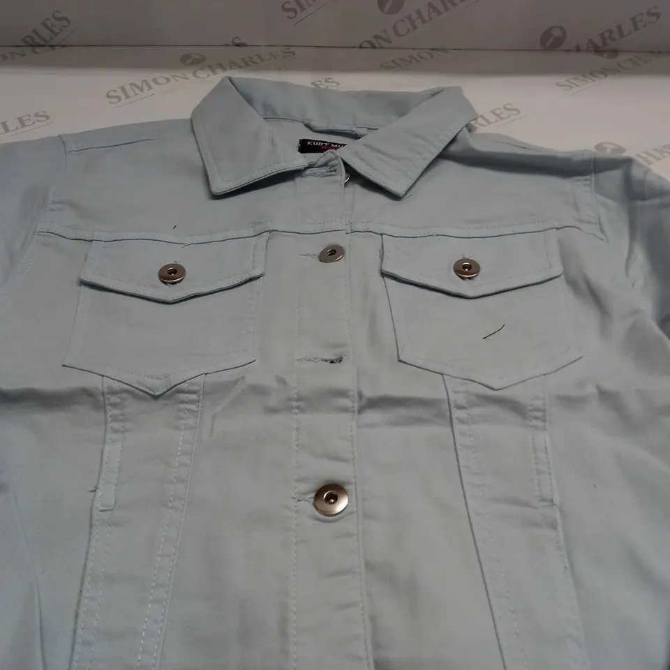 KURT MULLER WOMAN CROP FAUX DENIM JACKET IN BABY BLUE - UK 16