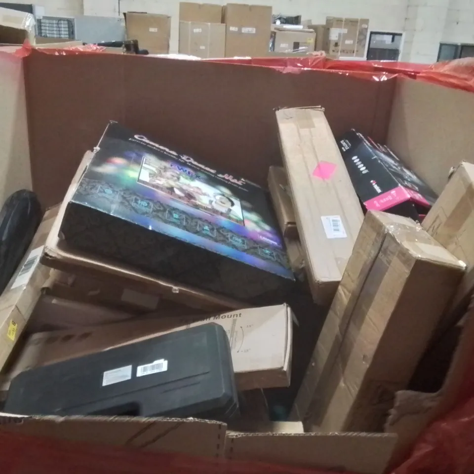 PALLET OF ASSORTED HOUSEHOLD GOODS AND PRODUCTS TO INCLUDE;27" MONITOR,TV WALL MOUNT BRACKET,CEILING FAN LIGHT 