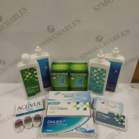 BOX OF APPROXIMATELY 30 ASSORTED HEALTH & EYECARE PRODUCTS TO INCLUDE NICORETTE GUM, CONTACT LENSES, CONTACT SOLUTION ETC