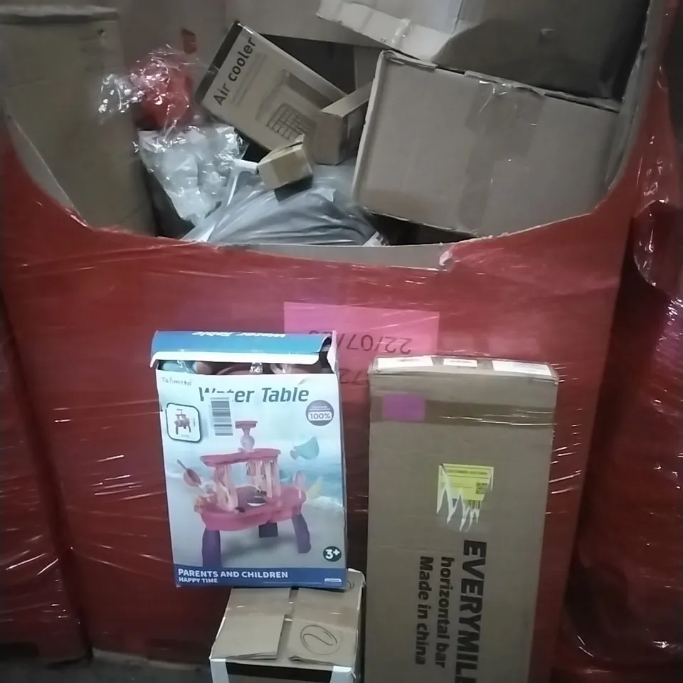 PALLET OF ASSORTED HOUSEHOLD GOODS AND PRODUCTS TO INCLUDE; AIR COOLER, HORIZONTAL BAT, WATER TABLE, BOXED FURNITURE ETC
