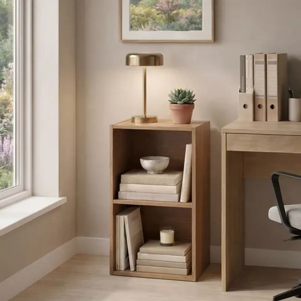 BOXED OXFORD 2 TIER CUBE BOOKCASE - OAK (1 BOX)