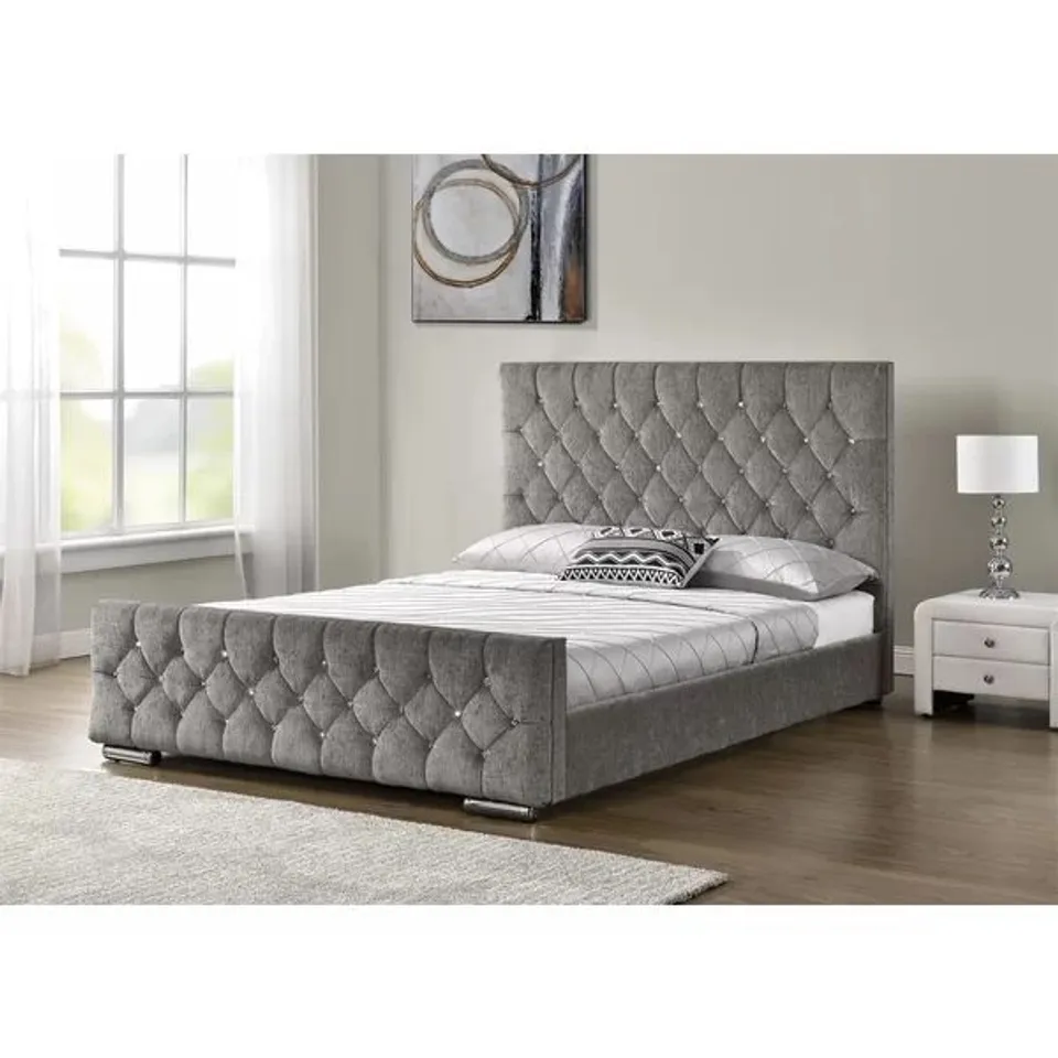 BOXED ASHER UPHOLSTERED OTTOMAN BED DOUBLE - SILVER (3 BOXES)
