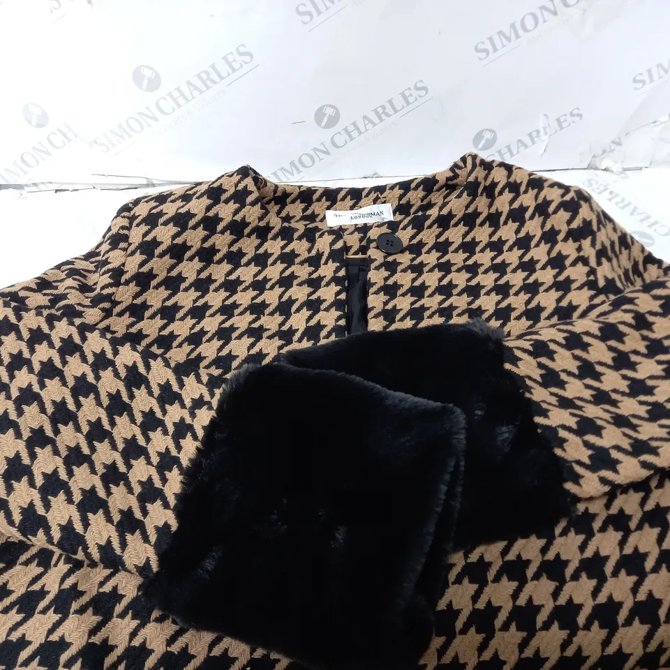 HELENE BERMAN COLLARLESS COAT CAMEL/BLACK SIZE 12