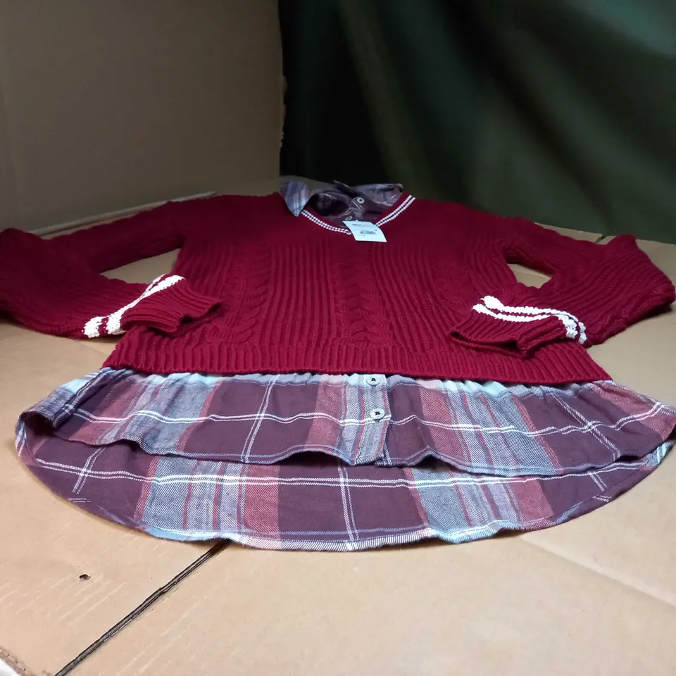 NEXT RED CHECK/KNITTED V NECK JUMPER COMBO - SMALL