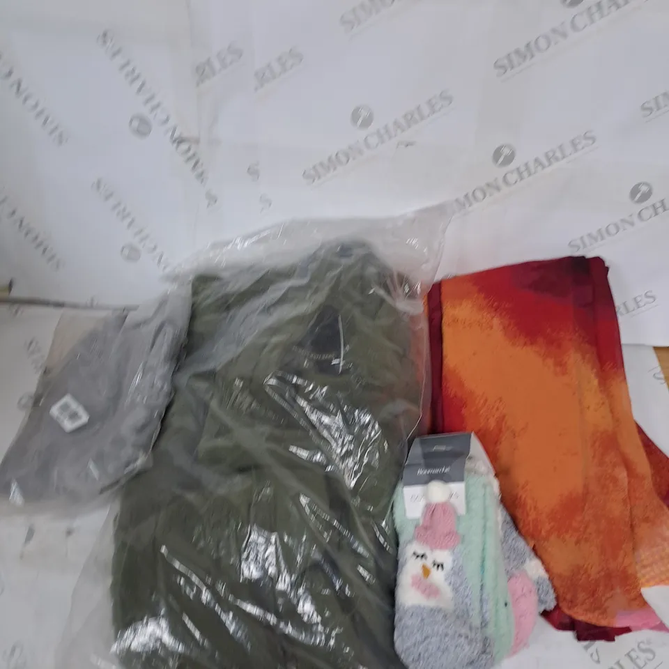 LARGE BOX OF ASSORTED CLOTHING ITEMS IN VARIOUS COLOURS AND SIZES INCLUDING TROUSERS , TOPS AND JUMPERS 