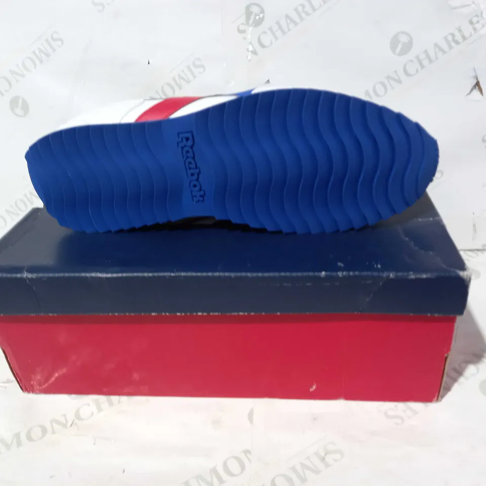 BOXED PAIR OF REEBOK ROYAL GLIDE SHOES IN WHITE/RED/BLUE UK SIZE 13