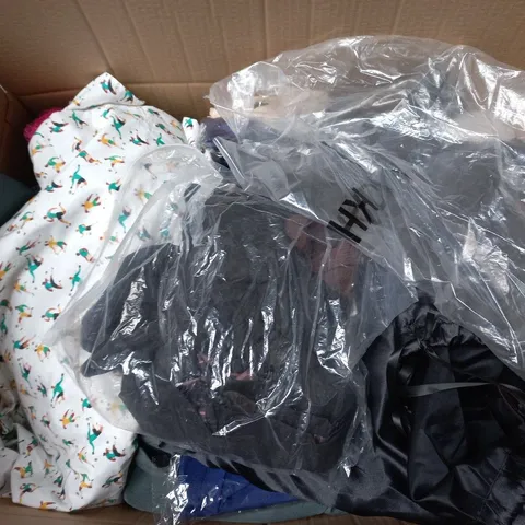 LARGE BOX OF APPROXIMATELY 20 ASSORTED CLOTHING ITEMS IN VARIOUS SIZES, STYLES AND COLOURS