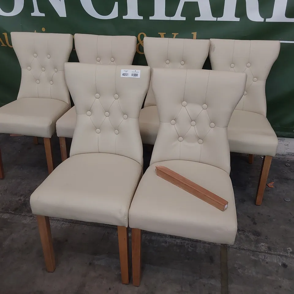 SET OF SIX DESIGNER BUTTONED BACK DONINGTON CHAIRS CREAM PU NATURAL WOOD LEGS