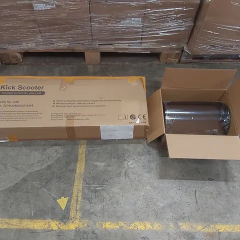 PALLET CONTAINING A LARGE ASSORTMENT OF CONSUMER PRODUCTS INCLUDING: KICK SCOOTER, BATHROOM UNIT PARTS, PIANO STAND ECT