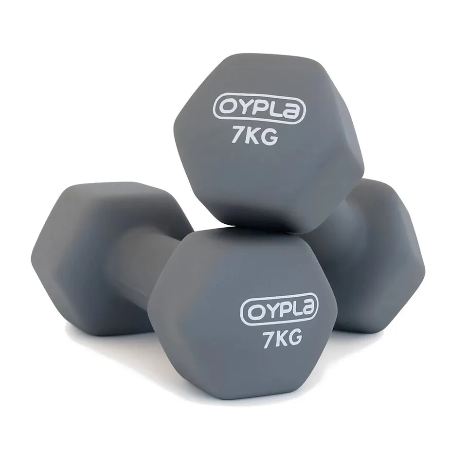 OYPLA PAIR OF 7KG HEX ANTI ROLL NEOPRENE NON SLIP HAND DUMBBELLS WORKOUT WEIGHTS