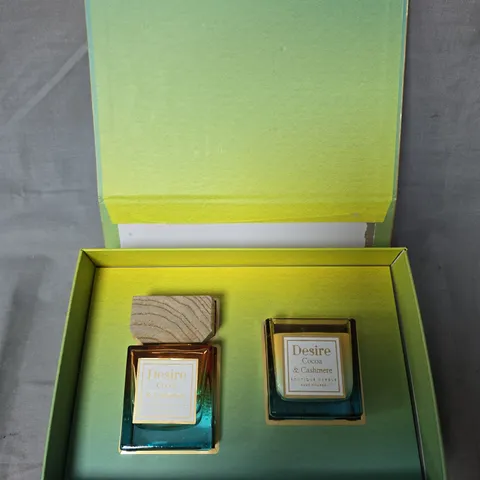 DESIRE COCOA & CASHMERE HOME FRAGRANCE SET – 1 BOTTLE OF DIFFUSER LIQUID AND 1 SCENTED CANDLE IN PRESENTATION BOX