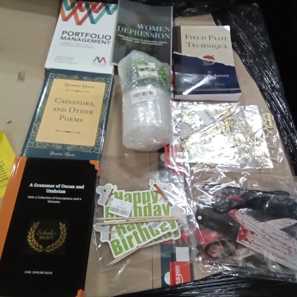 PALLET OF ASSORTED ITEMS INCLUDING A GRAMMAR OF OSCAN AND UMBRIAN BOOK, CASSANDRA, AND OTHER POEMS BOOK, ARTIFICAL PLANT, HALLOWEEN DECORATIONS, BIRTHDAY DECORATIONS, FIELD PLOT TECHNIQUES BOOK