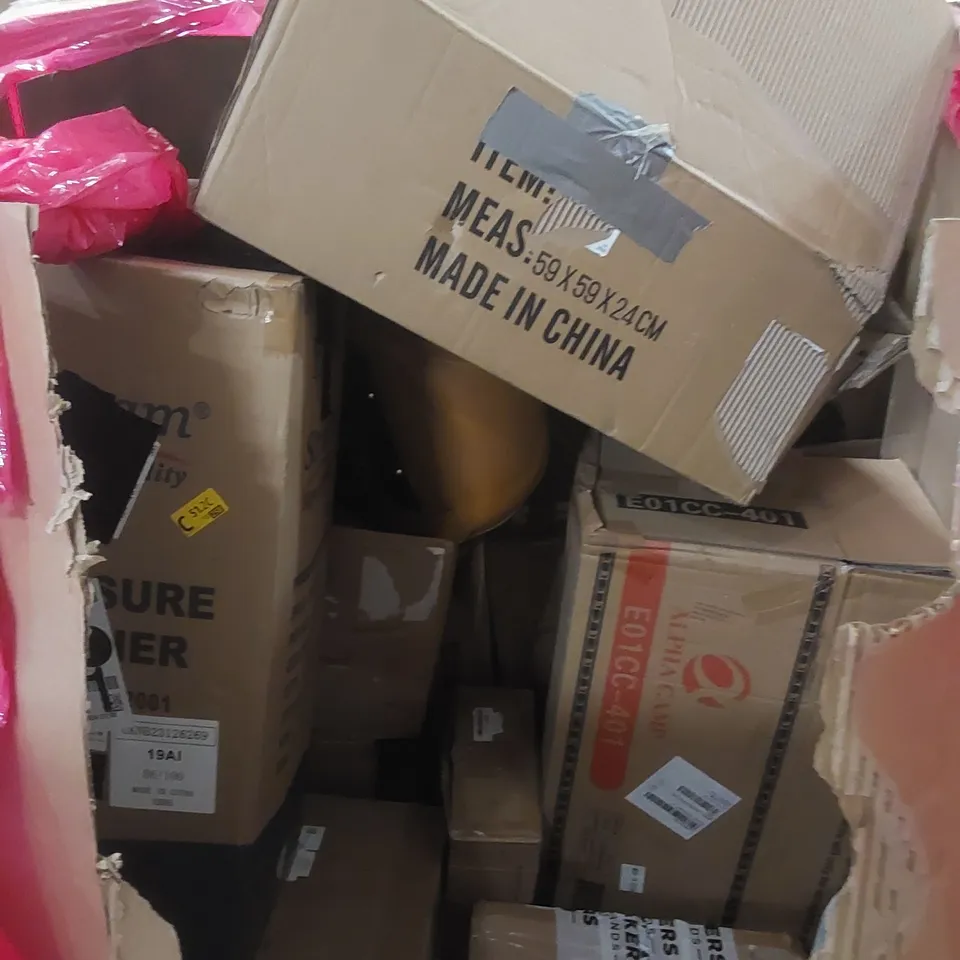 PALLET OF ASSORTED HOUSEHOLD ITEMS AND CONSUMER PRODUCTS TO INCLUDE; PRESSURE WASHER, ELECTRIC WEED SWEEPER, AIR COOLER, PRESSURE WASHER ETC