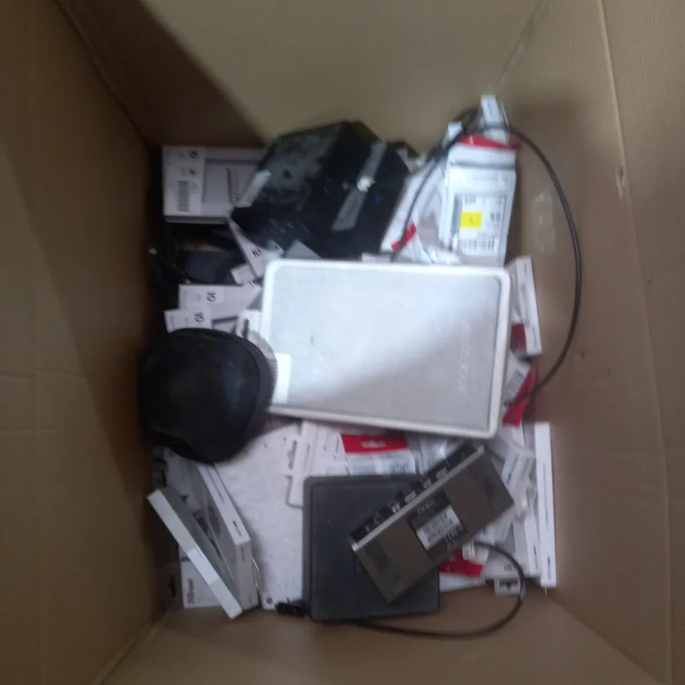 BOX OF ASSORTED ELECTRONICALS TO INCLUDE HEADSETS, PHONE CASES, TABLET CASES ETC