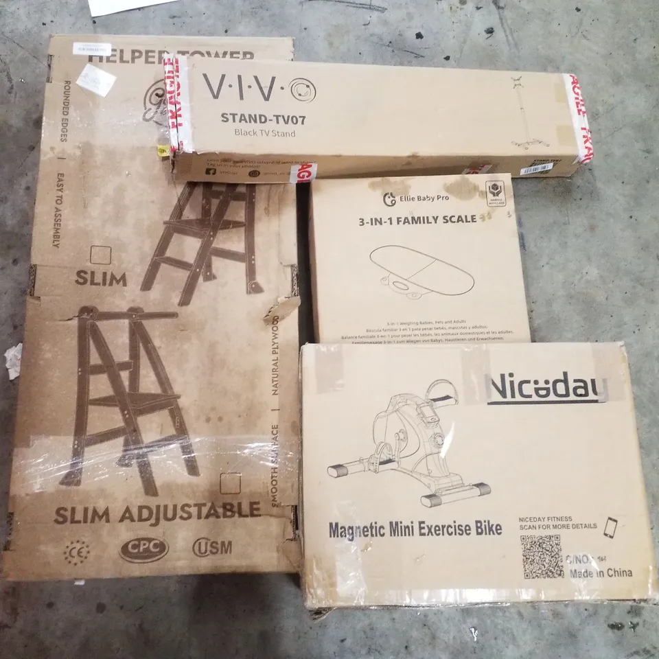 PALLET CONTAINING ASSORTED PRODUCTS INCLUDING HELPER TOWER, BLACK TV STAND, 3-IN-1 FAMILY SCALE & MAGNETIC MINI EXERCISE BIKE