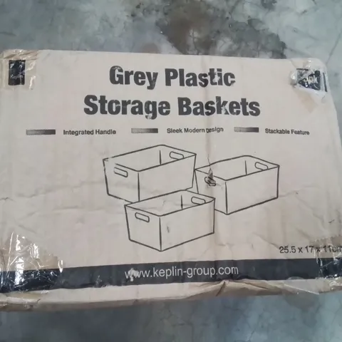 BOXED SET OF 3 GREY PLASTIC STORAGE BASKETS 