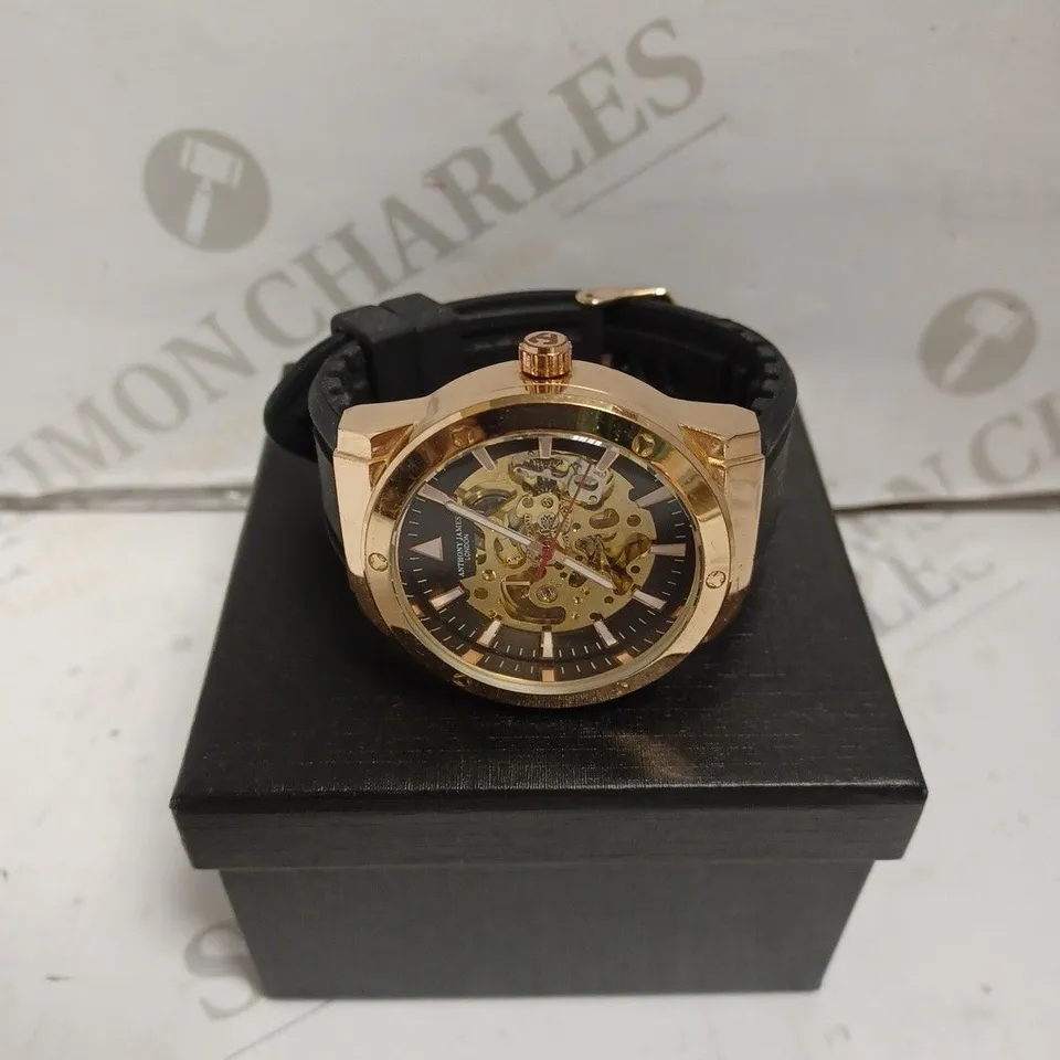 BOXED ANTHONY JAMES EXPEDITE WATCH - AUTOMATIC - RUBBER STRAP - SKELETON FACE - WATER RESISTANT 3 ATM.