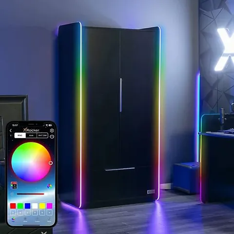 BOXED X-ROCKER ELECTRA RGB DOUBLE WARDROBE 2 DOORS 1 DRAWER SHELF APP CONTROLLED LED LIGHTS - BLACK (2 BOXES)
