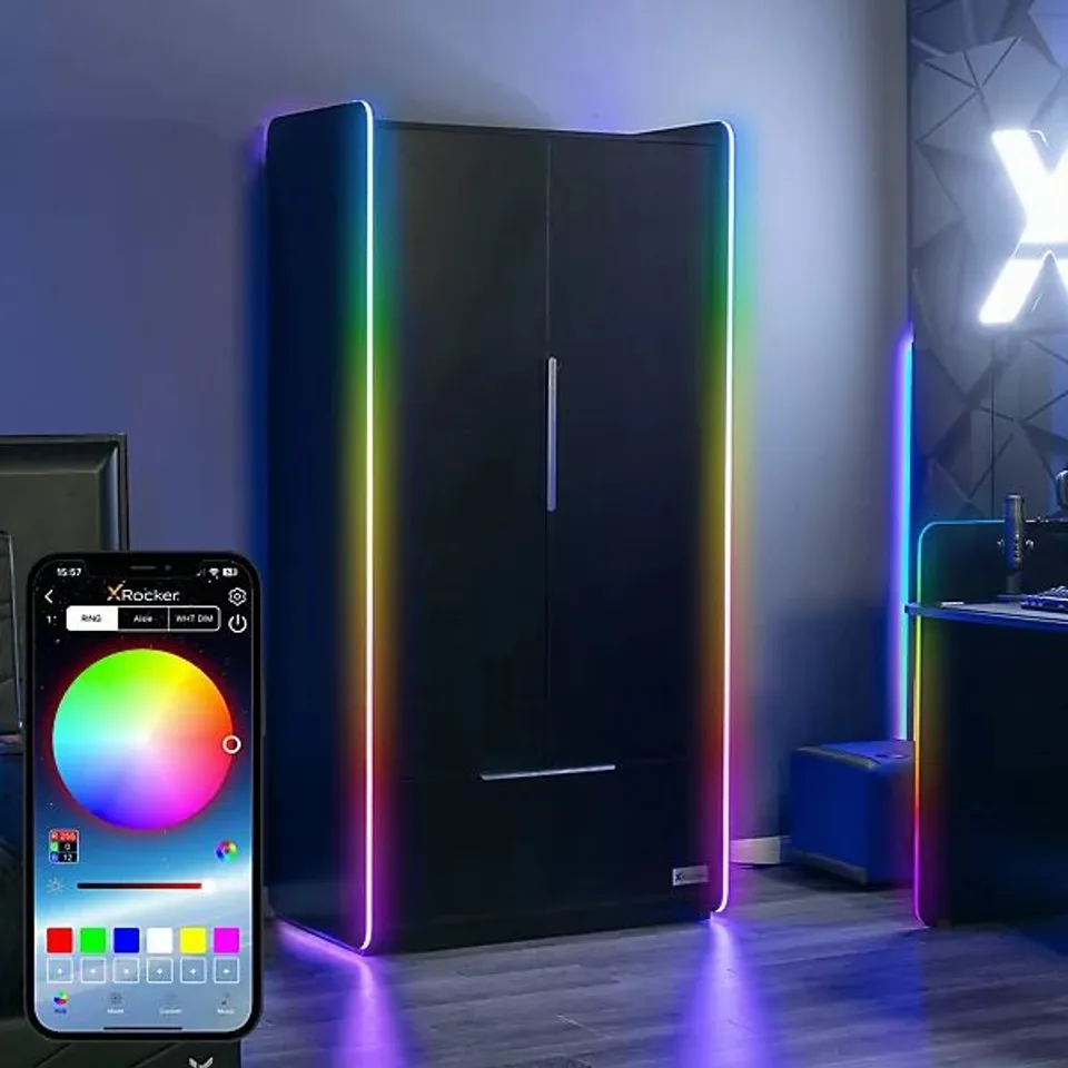 BOXED X-ROCKER ELECTRA RGB DOUBLE WARDROBE 2 DOORS 1 DRAWER SHELF APP CONTROLLED LED LIGHTS - BLACK (2 BOXES)