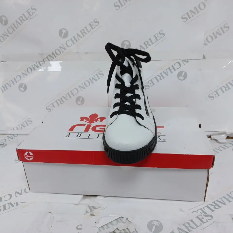 BOXED RIEKER WHITE HI TOP CUFFED TRAINERS- SIZE 5 