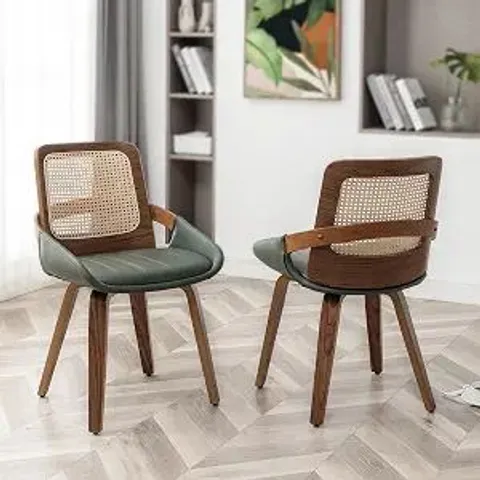 BOXED SET OF 2 KITCHEN & DINING ROOM CHAIRS - GREEN DINING CHAIRS WITH WALNUT BENTWOOD FRAME, ERGONOMIC RATTAN BACK, CURVED ARMS, RATTAN DINING CHAIRS FOR LIVING ROOM/RECEPTION/KITCHEN/DESK (WALNUT GR
