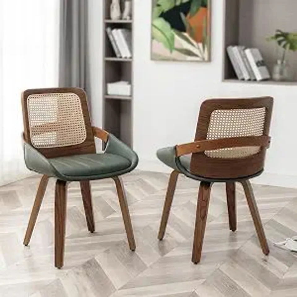 BOXED SET OF 2 KITCHEN & DINING ROOM CHAIRS - GREEN DINING CHAIRS WITH WALNUT BENTWOOD FRAME, ERGONOMIC RATTAN BACK, CURVED ARMS, RATTAN DINING CHAIRS FOR LIVING ROOM/RECEPTION/KITCHEN/DESK (WALNUT GR