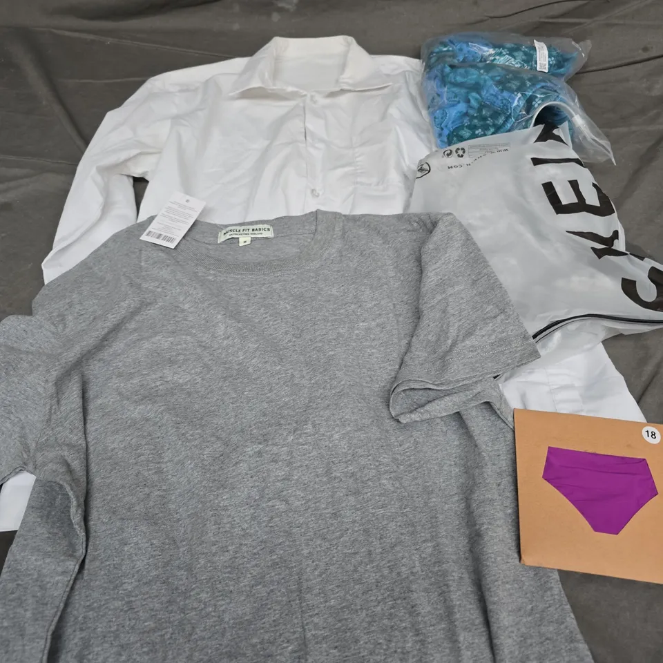 APPROXIMATELY 35 ASSORTED CLOTHING ITEMS IN VARIOUS SIZES, STYLES & COLOURS TO INCLUDE SHIRTS, T-SHIRTS, TROUSERS, ETC - COLLECTION ONLY
