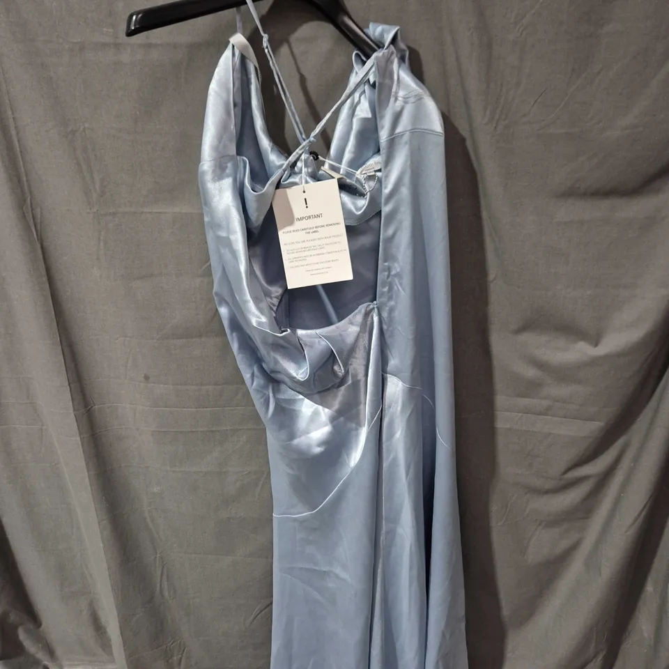 GODDIVA LONDON SATIN DRAPED DRESS, LIGHT BLUE – UK 14