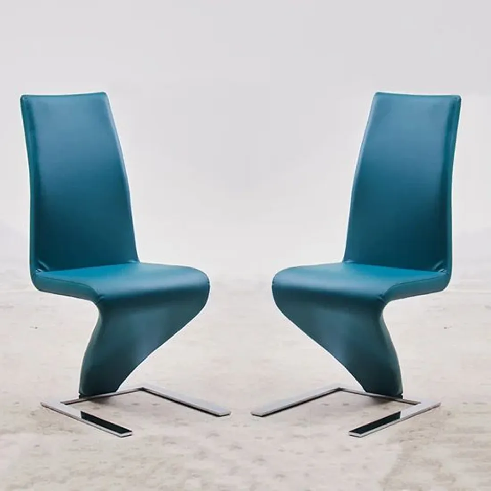 BRAND NEW BOXED SET OF 2 DEMI Z DINING ROOM CHAIRS IN TEAL WITH CHROME FEET (1 BOX)