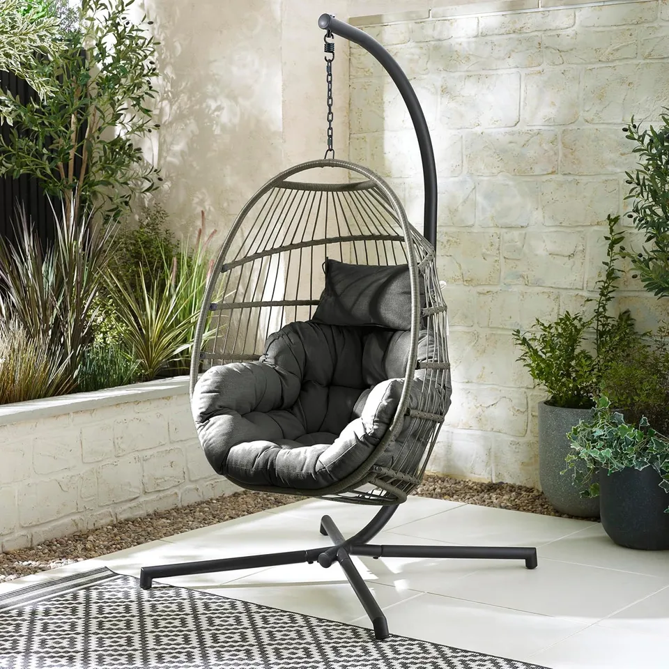 BOXED RATTAN HANGING EGG CHAIR WITH GREEN CUSHIONS - BEIGE (1 BOX)