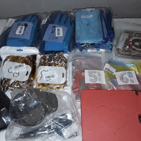 LARGE QUANTITY OF ASSORTED HOUSEHOLD ITEMS TO INCLUDE HEAVY DUTY WORK GLOVES, 5-PIECE HAIR DYE APPLICATOR SETS, BTW GRILL BRUSH AND NUMBER BALLOONS