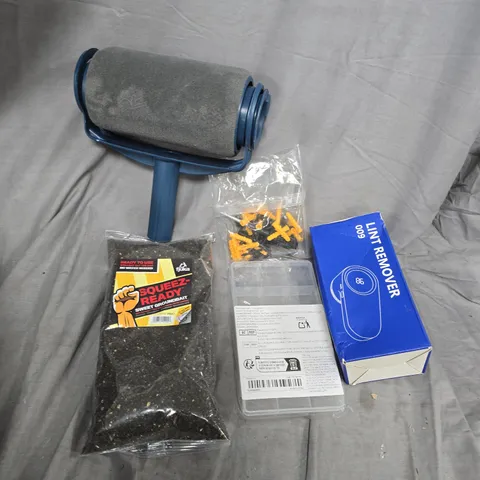 APPROXIMATELY 8 ASSORTED HOUSEHOLD ITEMS TO INCLUDE LINT REMOVER, PAINT ROLLER, GROUNDBAIT, ETC