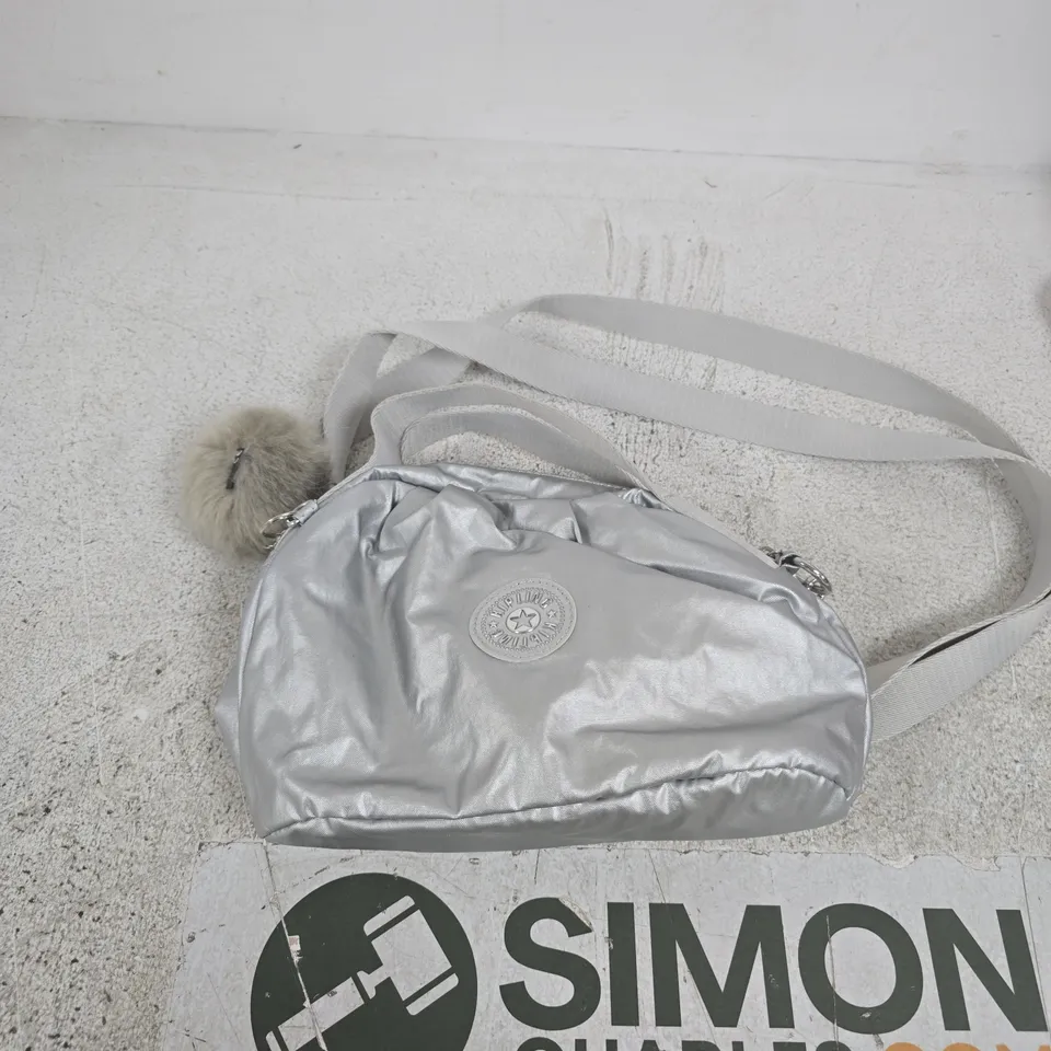 KIPLING SILVER CROSSBODY BAG WITH FUR POM POM 