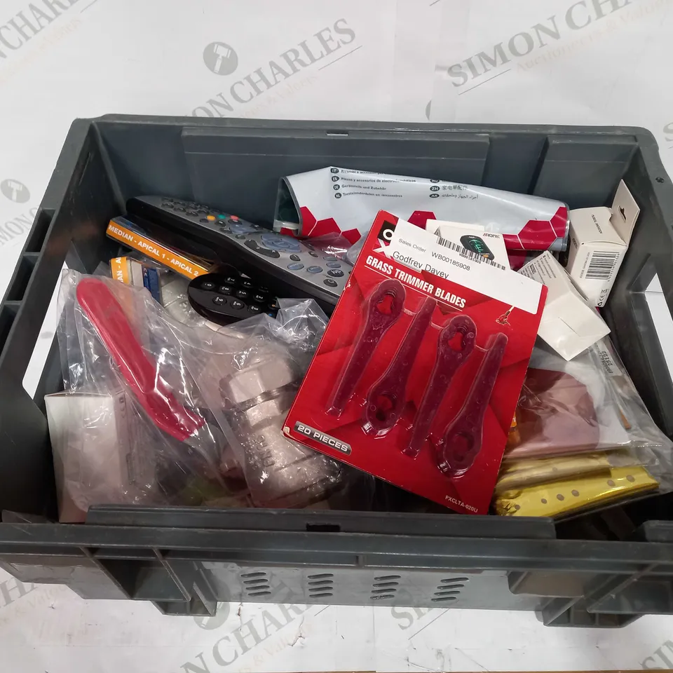 BOX TO CONTAIN APPROX 25 ASSORTED HOUSEHOLD PRODUCTS, INCLUDES REMOTES, GRASS TRIMMER BLADES, MUSIC TUNERS ETC 