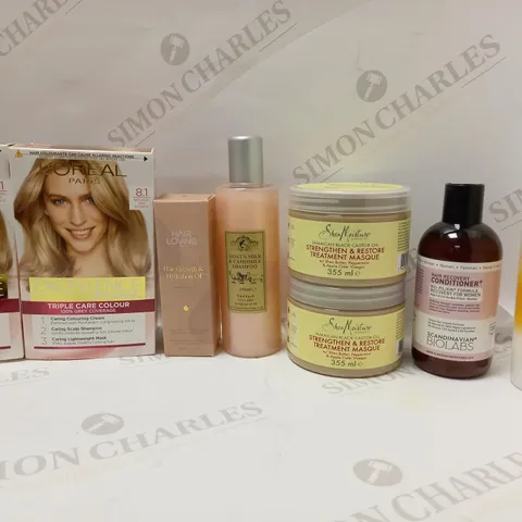 LOT OF APPROX 8 ASSORTED HAIRCARE PEODUCTS TO INCLUDE HAIR LOVING GROWTH OIL, SHEA MOISTURE TREATMENT MASQUE, SCANDINAVIAN BIOLABS HAIR RECOVERY CONDITIONER, ETC