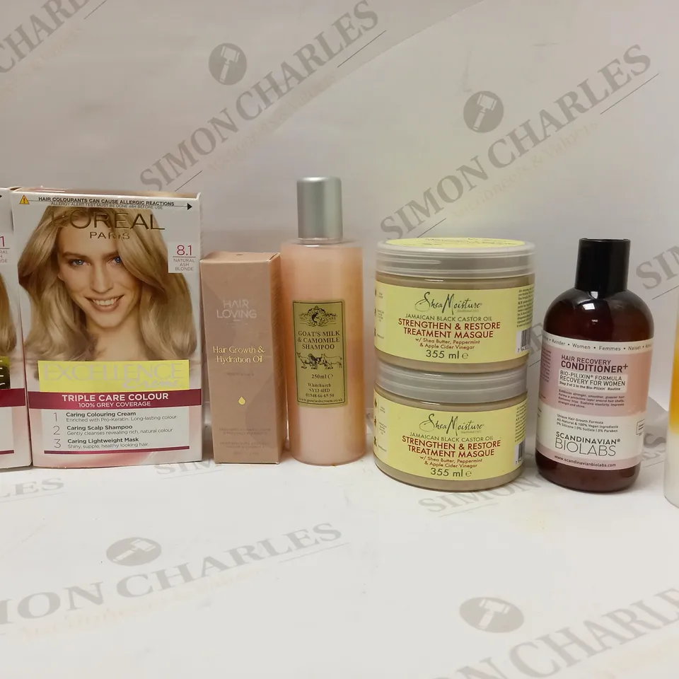 LOT OF APPROX 8 ASSORTED HAIRCARE PEODUCTS TO INCLUDE HAIR LOVING GROWTH OIL, SHEA MOISTURE TREATMENT MASQUE, SCANDINAVIAN BIOLABS HAIR RECOVERY CONDITIONER, ETC