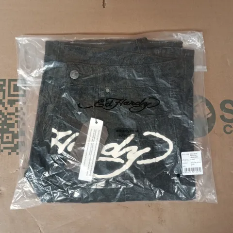 BAGGED ED HARDY MEN'S MOTO PANELLED DENIM JORTS IN BLACK BLASTED WASH SIZE SMALL
