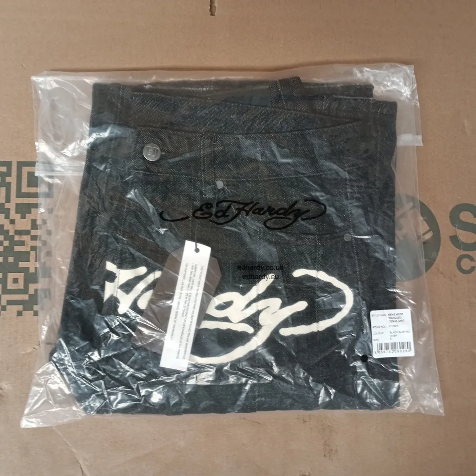 BAGGED ED HARDY MEN'S MOTO PANELLED DENIM JORTS IN BLACK BLASTED WASH SIZE SMALL