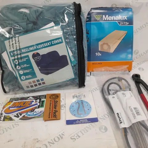 BOX OF APPROX 10 ASSORTED ITEMS TO INCLUDE - STICKERS, 21ST BADGE, RECLINER COVER ETC