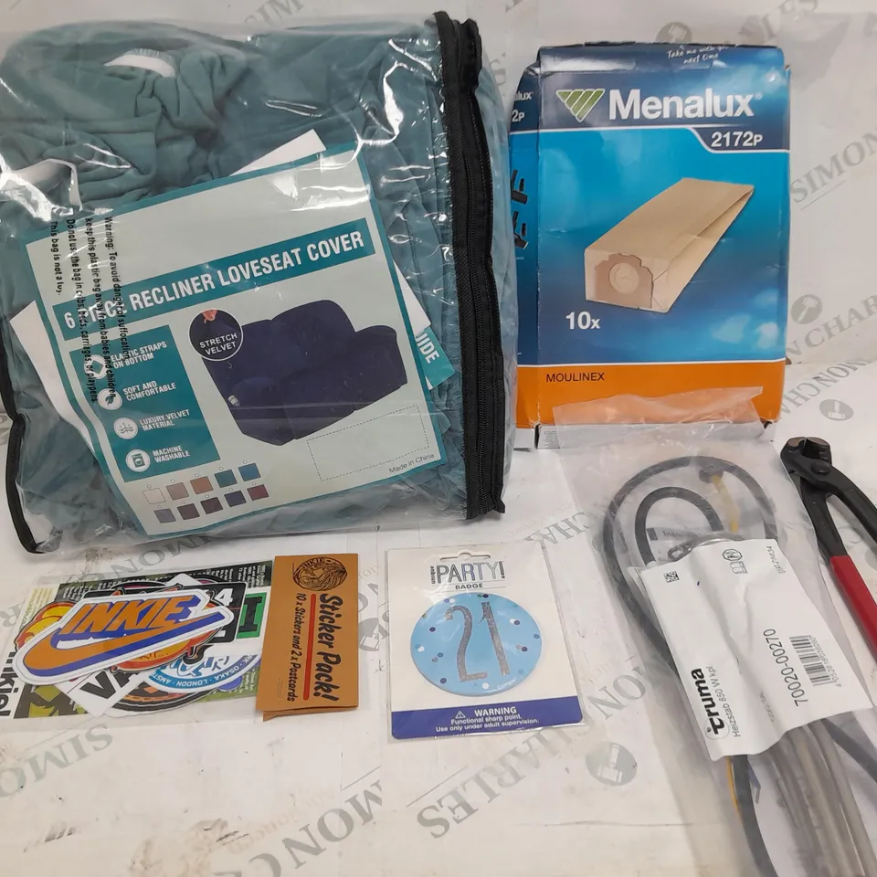 BOX OF APPROX 10 ASSORTED ITEMS TO INCLUDE - STICKERS, 21ST BADGE, RECLINER COVER ETC