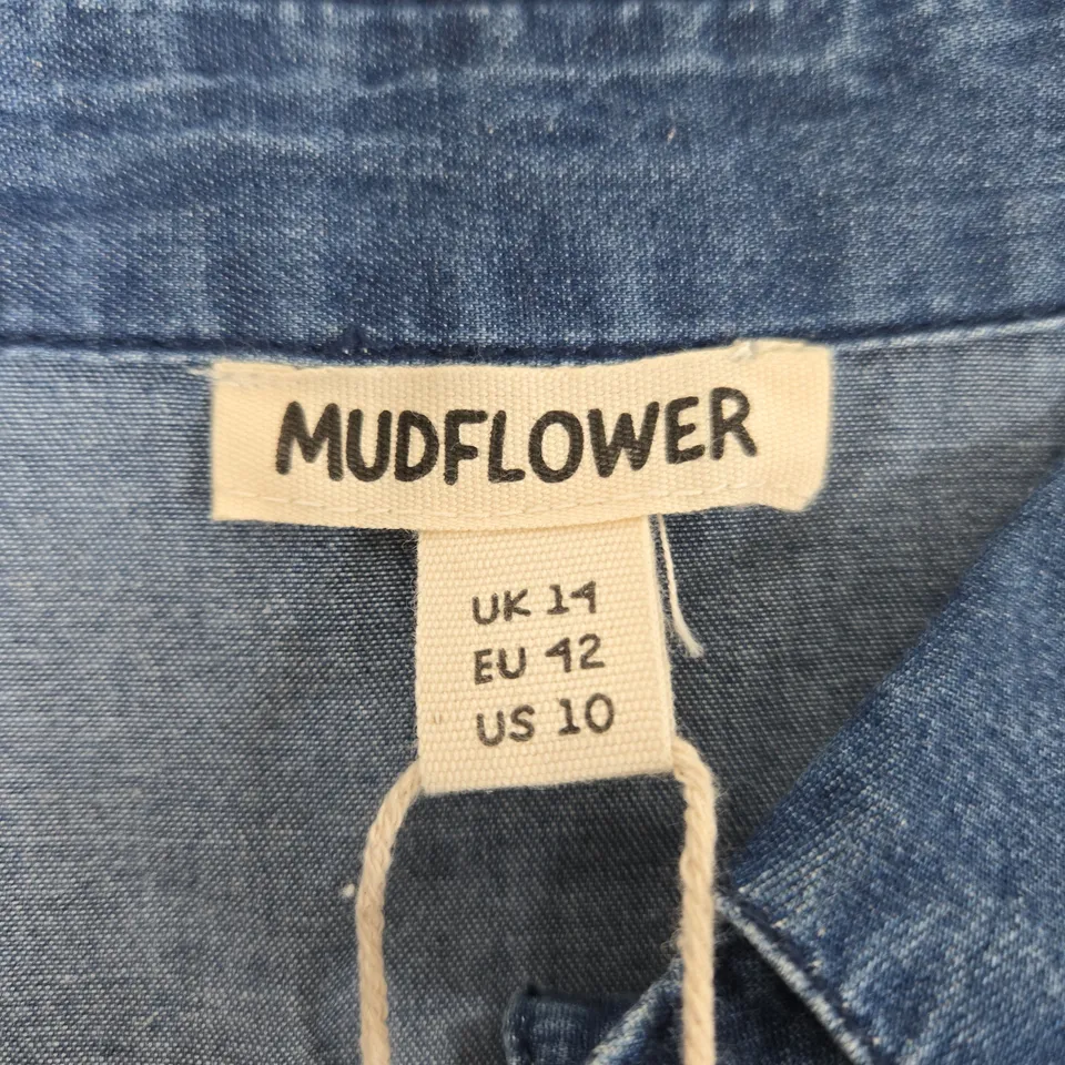 MUDFLOWER DENIM SHIRT DRESS WITH EMBROIDERED COLLAR – UK 11 (EU 12, US 10)