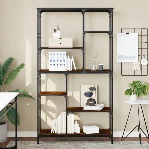 BOXED GEIRA 176CM H X 99CM W STEEL GEOMETRIC BOOKCASE - BLACK/BROWN (1 BOX)