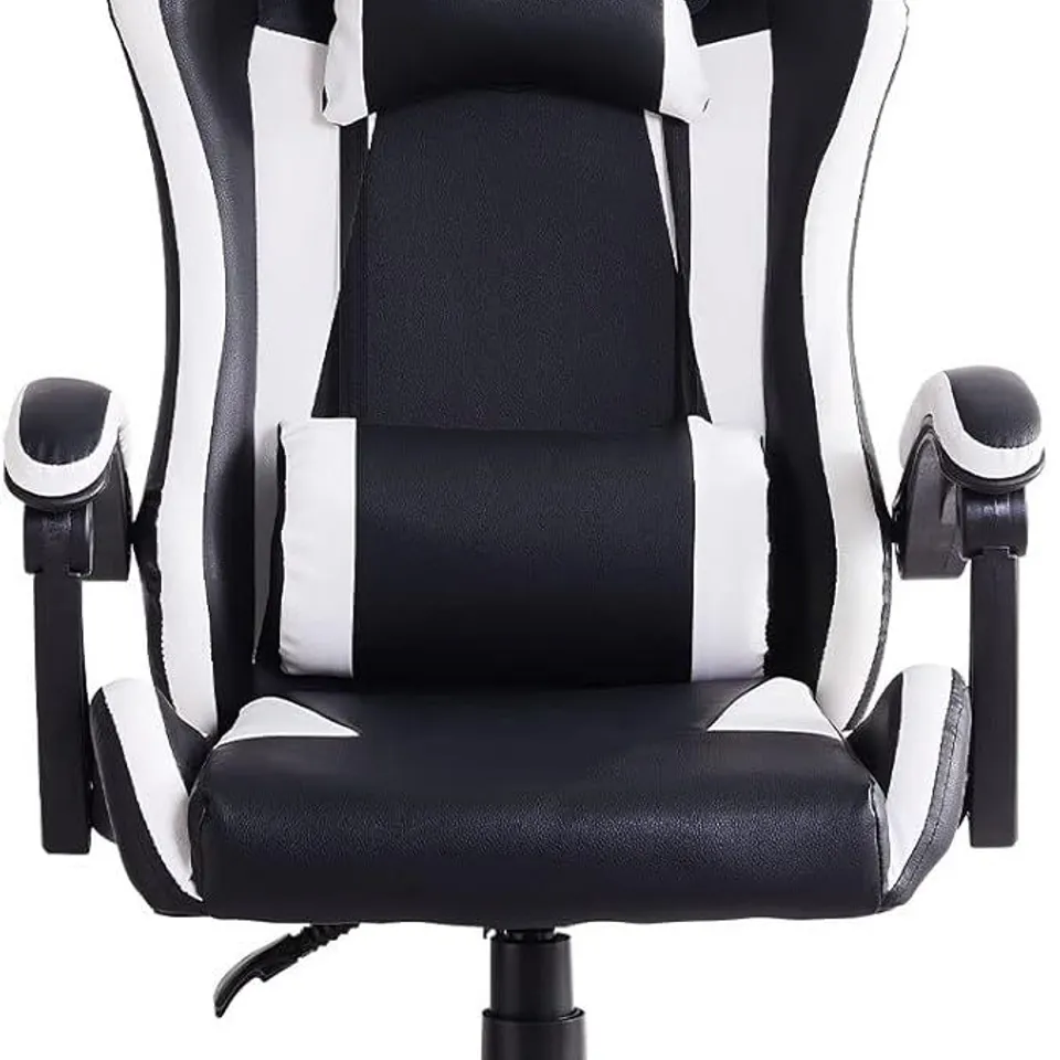 OFCASA WHITE BLACK GAMING OFFICE CHAIR, ERGONOMIC RACING COMPUTER SWIVEL CHAIR WITH HEADREST LUMBAR SUPPORT HEIGHT ADJUSTABLE FAUX LEATHER RECLINING DESK CHAIR 