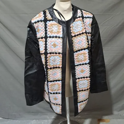 HELENE BERMAN LEATHER & CROCHET STYLE JACKET IN BLACK MULTI SIZE 16