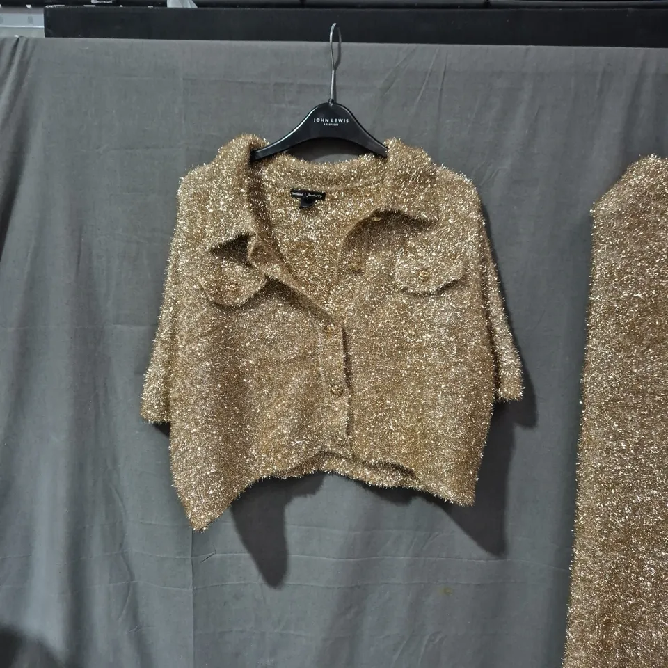 River Island Gold Metallic Knit Cropped Jacket – UK L WITH MATCHING SKIRT SIZE UK M