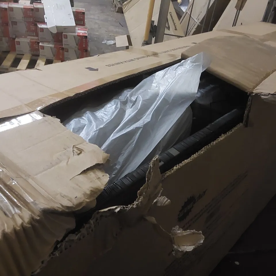 PALLET CONTAINING ANTIQUE TWO OVER FOUR DARK WOOD CHEST OF DRAWERS WITH BUN HANDLES,  BOXED INCOMPLETE GARDEN SOFA PART