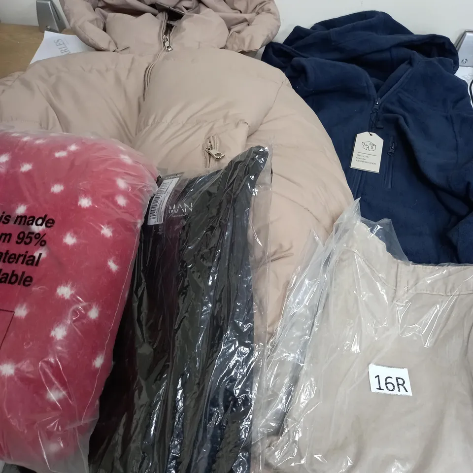 LARGE BOX OF ASSORTED CLOTHING ITEMS IN VARIOUS COLOURS AND SIZES INCLUDING TROUSERS , TOPS AND JUMPERS 