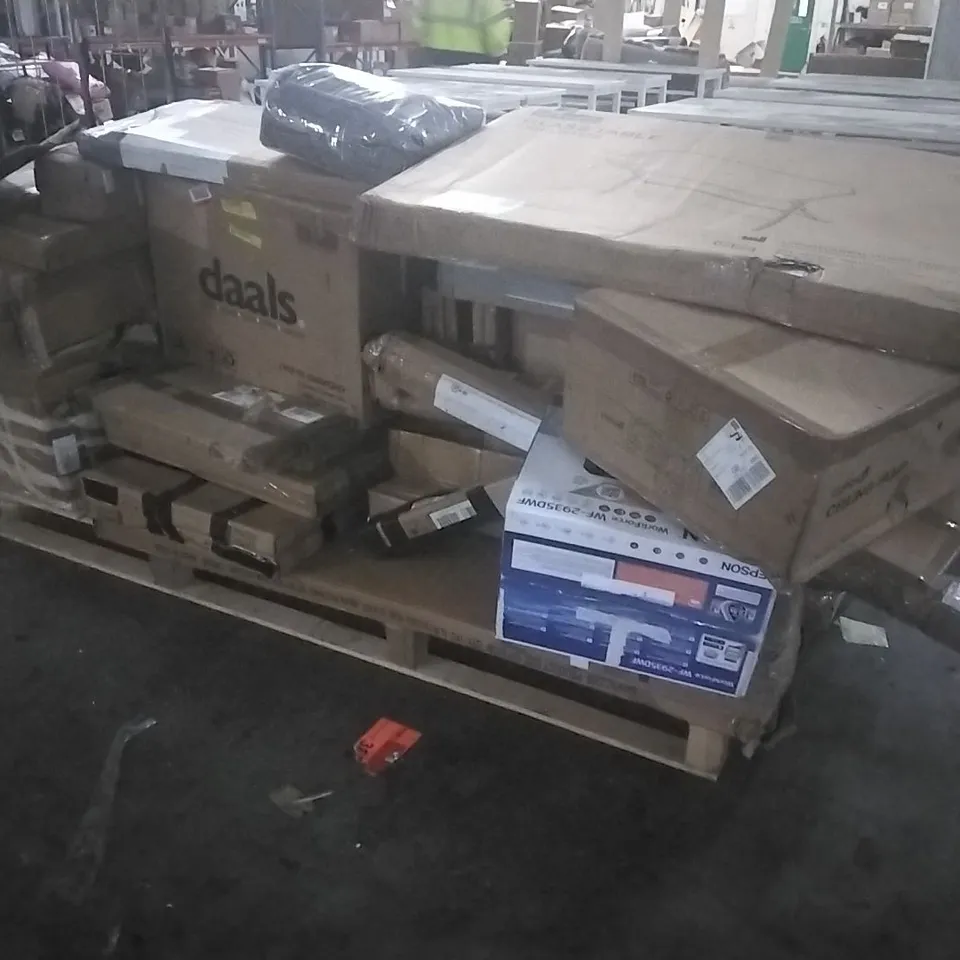 PALLET OF HOUSEHOLD ITEMS TO INCLUDE GLASS TABLE,CEILING LAMP, CORNER SOFA, CURTAIN AND OTHER ASSORTED ITEMS...