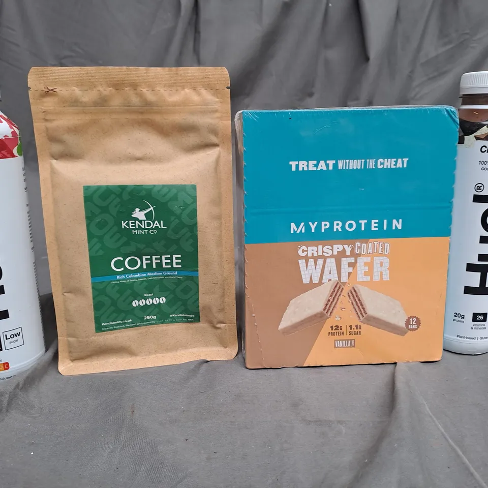 BOX OF APPROXIMATELY 10 ASSORTED ITEMS TO INCLUDE HUEL CHOCOLATE, MYPROTEIN WAFER, COFFEE ETC